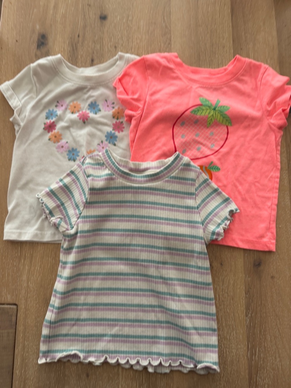 Cat & Jack Neon Coral Strawberry Short Sleeve Tee with Floral & Stripe Mix